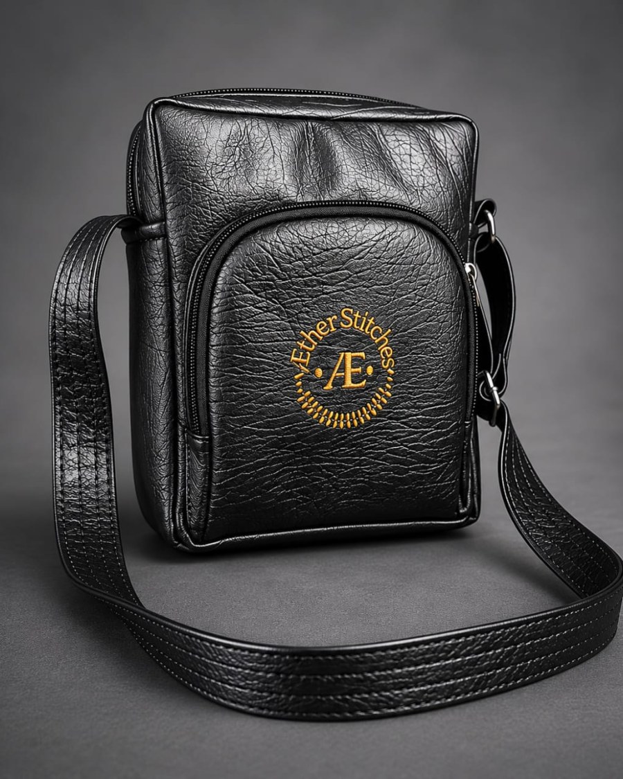 AEtherStitches Classic Black Leather Messenger Bag